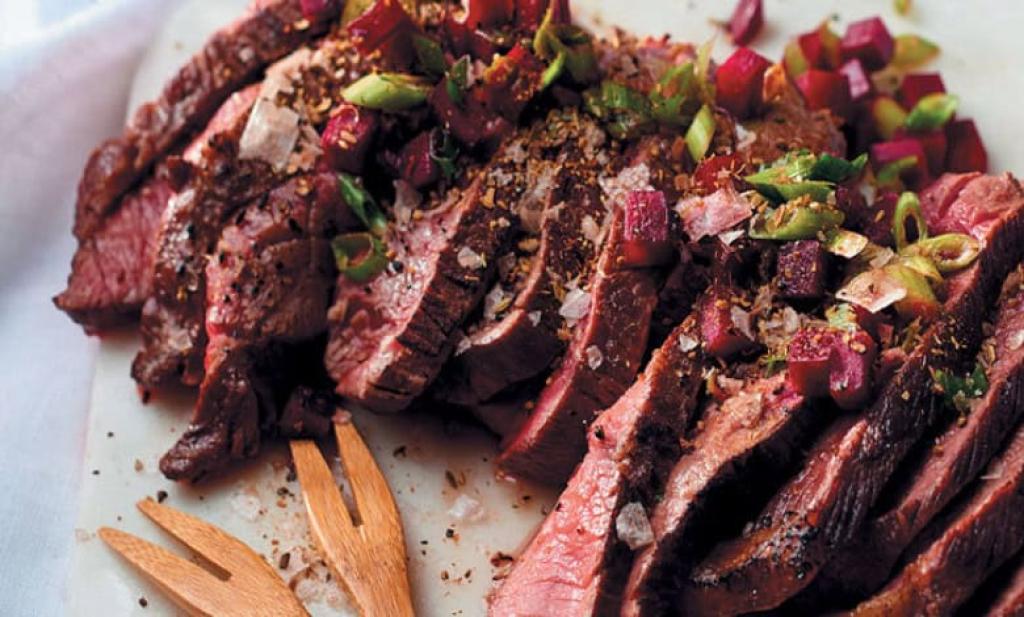 Pan-fried rump steak with spiced salt and fresh beetroot salsa